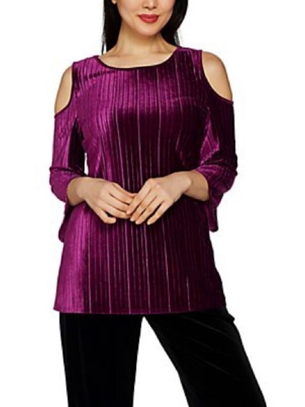 Dennis Basso Pleated Stretch Velvet Cold Shoulder